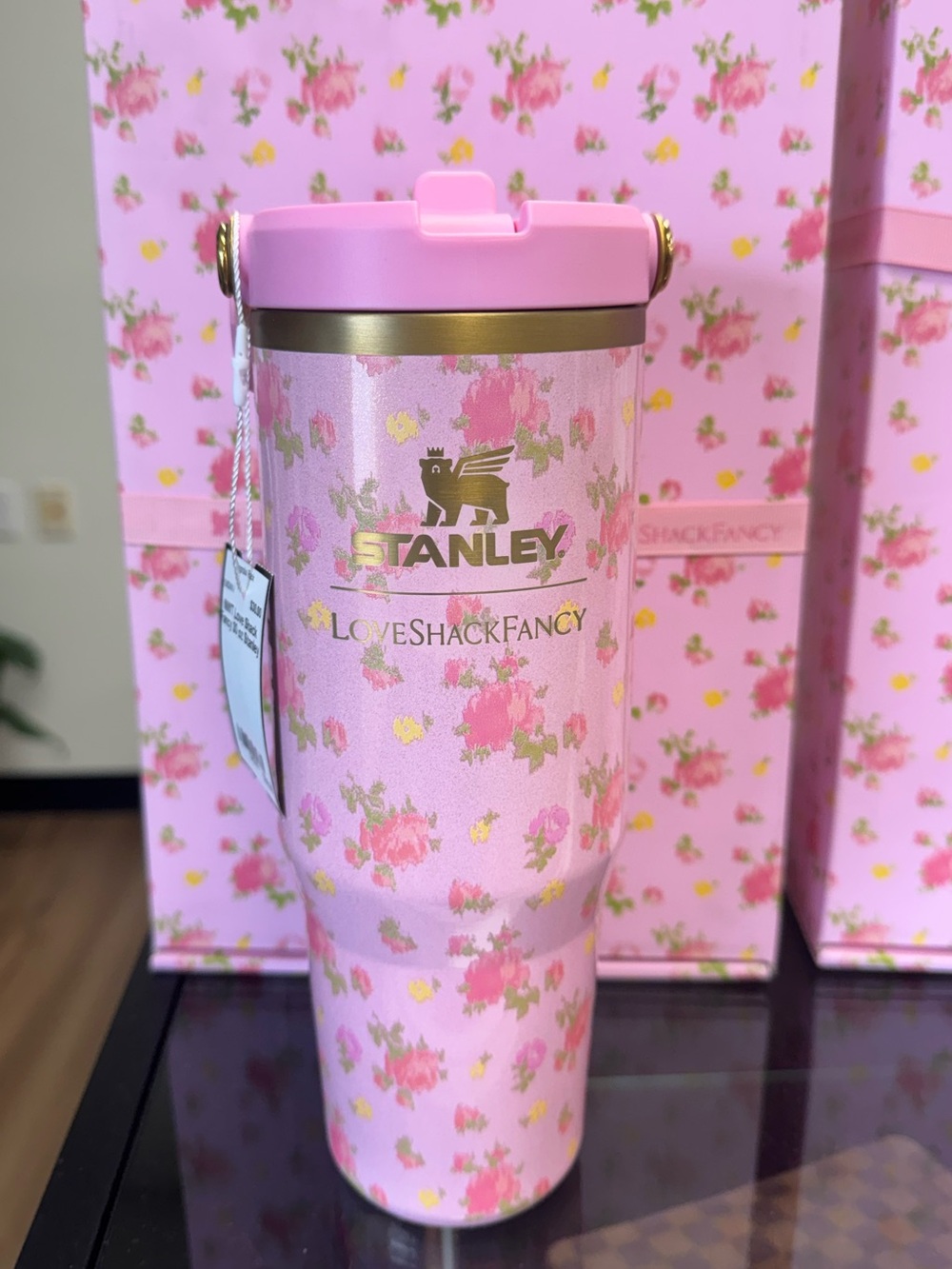 Stanley Pink Floral LoveShackFancy Stainless Travel Tumbler with Gold Logo